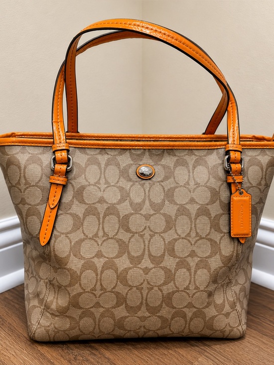 Coach Handbags - Coach Signature Canvas Zip Top Tote Bag Khaki Orange Leather Trim